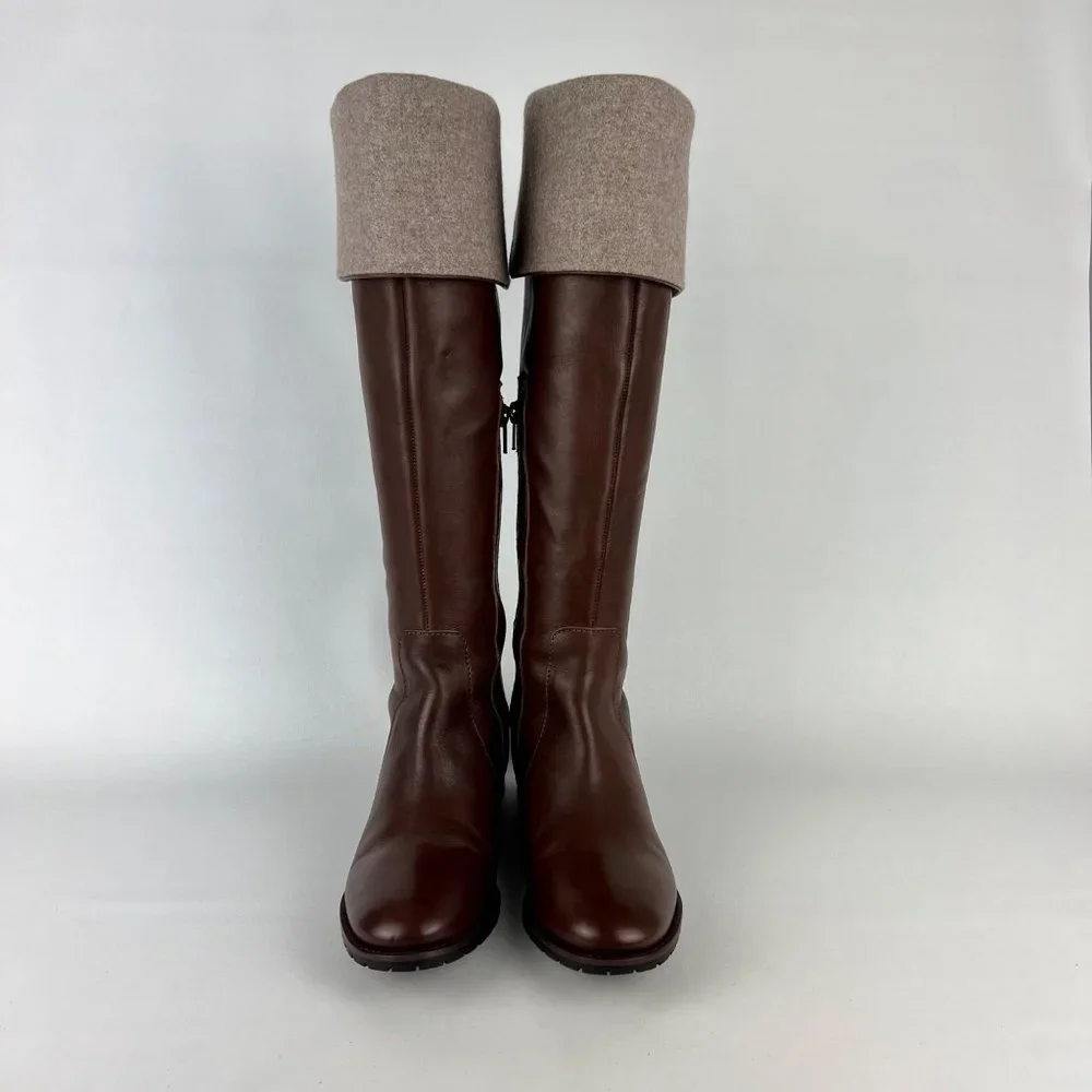 Talbots Womens Brown Leather Tall Over the Knee Boots Wool Cuff OTK size 6